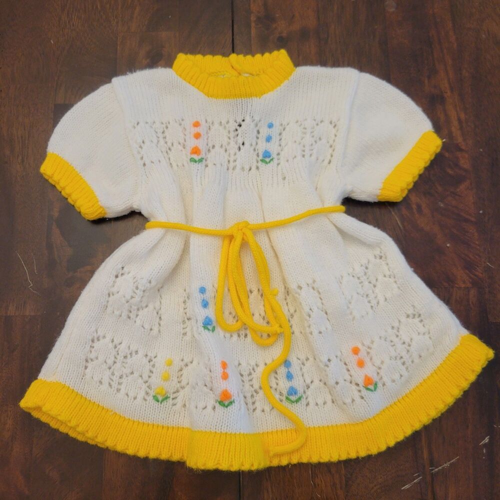 Vintage 1980s Soft Spun Knit Baby Dress – White & Yellow Floral Pointelle 6-12M